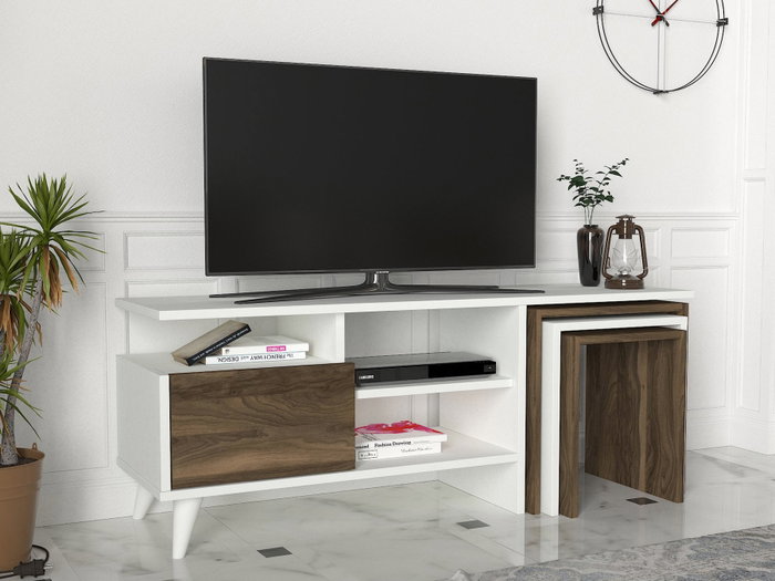 Hanah Home Mueble de TV Escandinavo Blanco y Nogal con Mesas de Centro